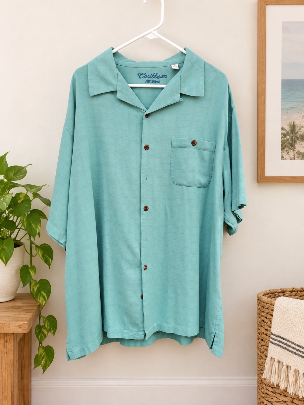 Caribbean Silk Blend Men's 2X Short-Sleeve Camp Collar Button-Down Shirt in Teal